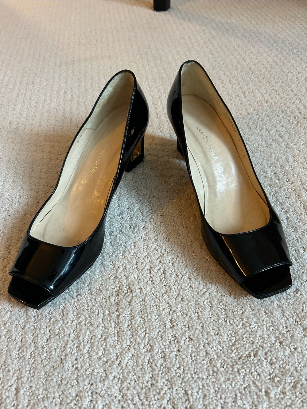 Ramon Tenza Black Patent Peep-Toe Block Heel Pumps